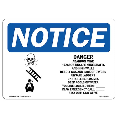 Signmission OSHA Sign, 12" H, 18" W, Rigid Plastic, Danger! Abandoned Mine Hazards Sign With Symbol, Landscape OS-NS-P-1218-L-10927